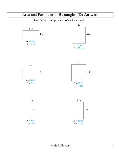 The Area and Perimeter of Rectangles (whole numbers; range 1-9) (D) Math Worksheet Page 2