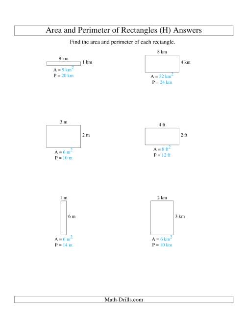 The Area and Perimeter of Rectangles (whole numbers; range 1-9) (H) Math Worksheet Page 2