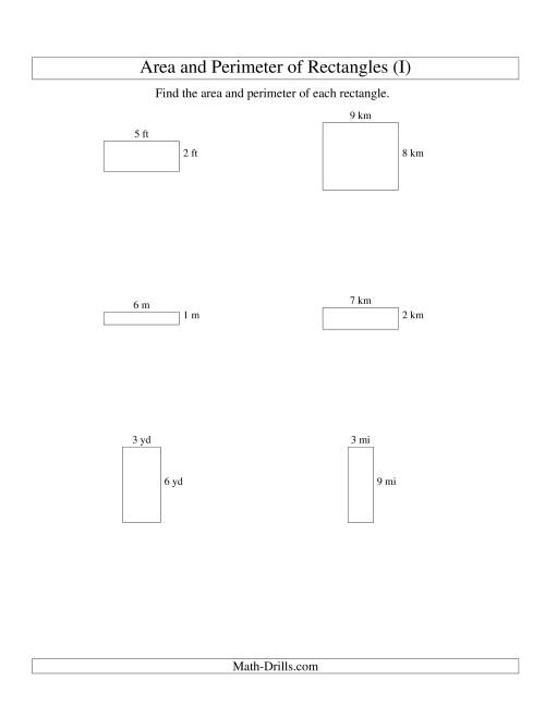 The Area and Perimeter of Rectangles (whole numbers; range 1-9) (I) Math Worksheet