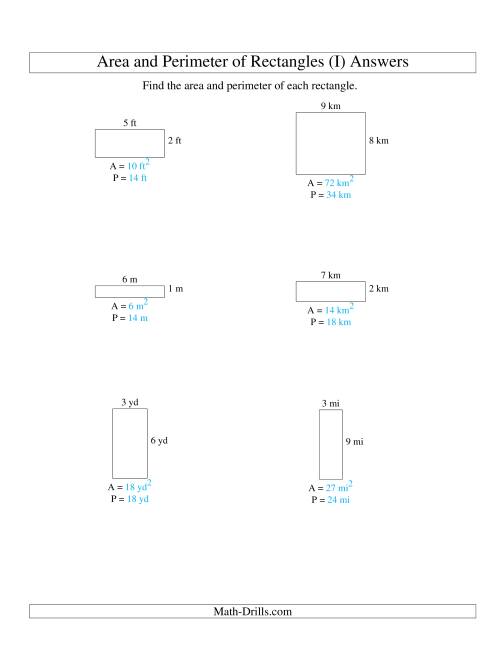 The Area and Perimeter of Rectangles (whole numbers; range 1-9) (I) Math Worksheet Page 2
