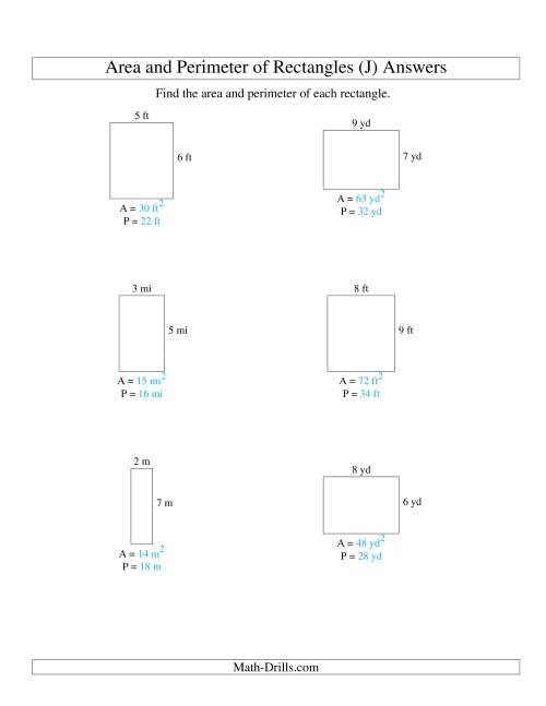 The Area and Perimeter of Rectangles (whole numbers; range 1-9) (J) Math Worksheet Page 2