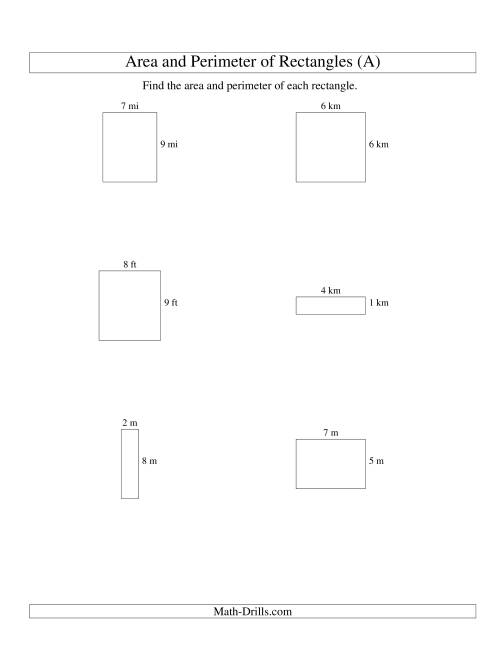 The Area and Perimeter of Rectangles (whole numbers; range 1-9) (All) Math Worksheet