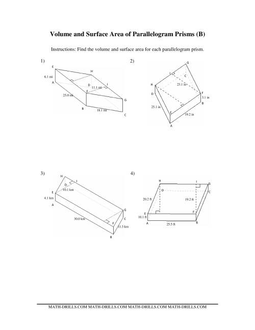 The Volume and Surface Area of Parallelogram Prisms (B) Math Worksheet