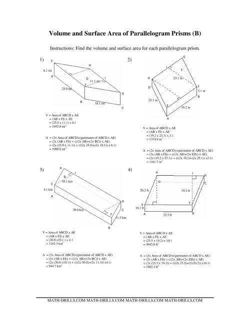 The Volume and Surface Area of Parallelogram Prisms (B) Math Worksheet Page 2