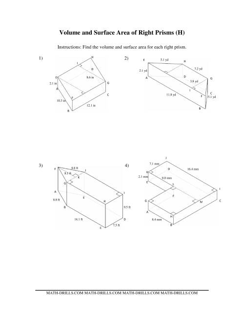 The Volume and Surface Area of Mixed Right Prisms (H) Math Worksheet