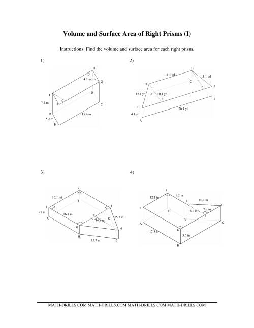 The Volume and Surface Area of Mixed Right Prisms (I) Math Worksheet