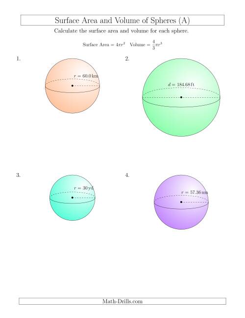 The Volume and Surface Area of Spheres (Large Input Values) (A) Math Worksheet