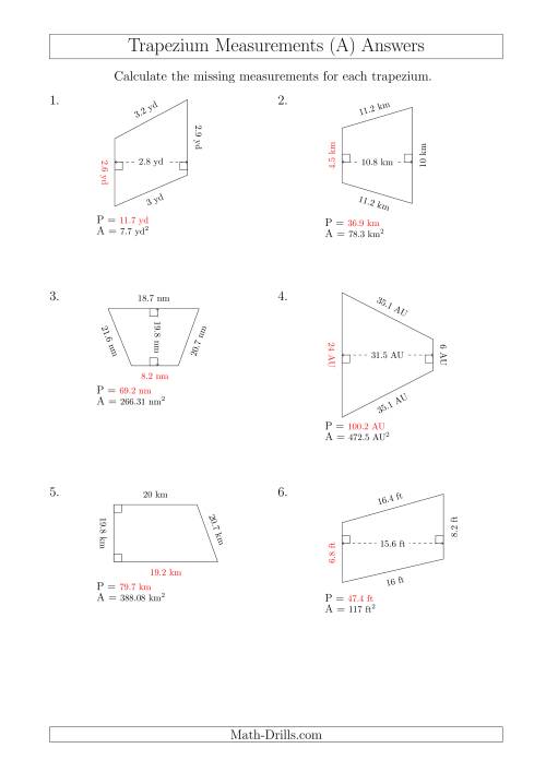 The Calculating Bases and Perimeters of Trapeziums (A) Math Worksheet Page 2