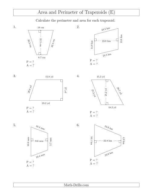The Calculating the Perimeter and Area of Trapezoids (Larger Numbers) (E) Math Worksheet