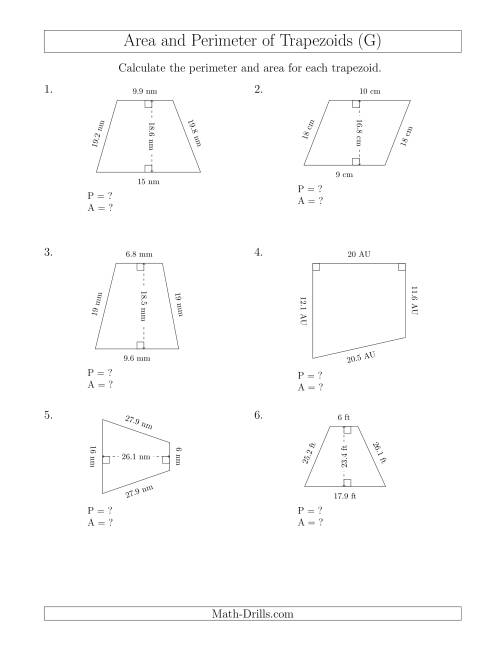 The Calculating the Perimeter and Area of Trapezoids (Larger Numbers) (G) Math Worksheet