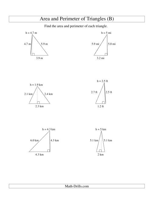 The Area and Perimeter of Triangles (up to 1 decimal place; range 1-5) (B) Math Worksheet