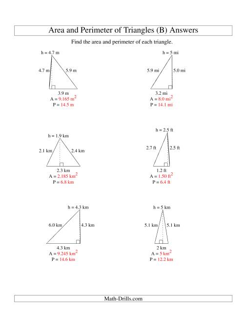 The Area and Perimeter of Triangles (up to 1 decimal place; range 1-5) (B) Math Worksheet Page 2