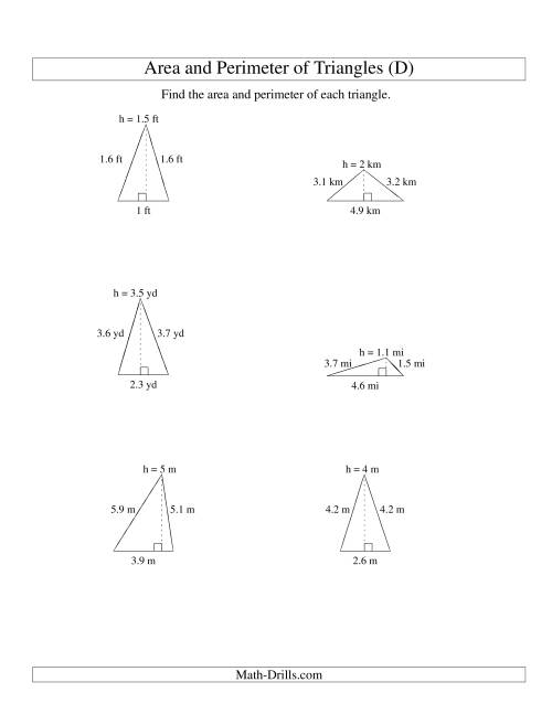 The Area and Perimeter of Triangles (up to 1 decimal place; range 1-5) (D) Math Worksheet