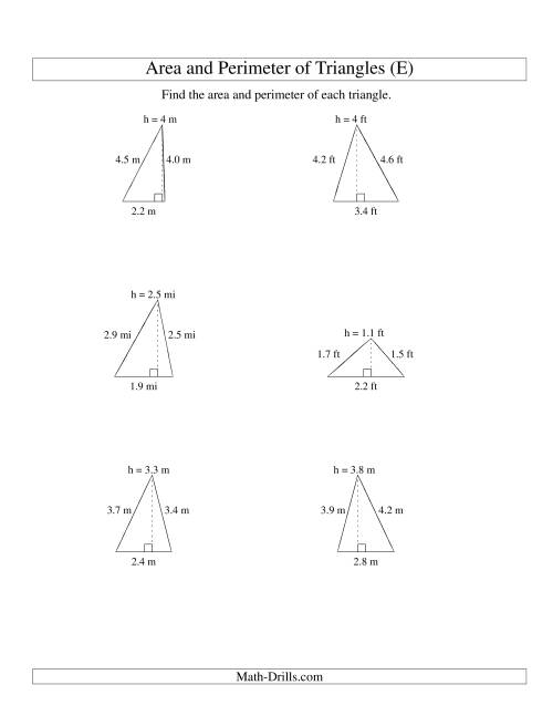 The Area and Perimeter of Triangles (up to 1 decimal place; range 1-5) (E) Math Worksheet