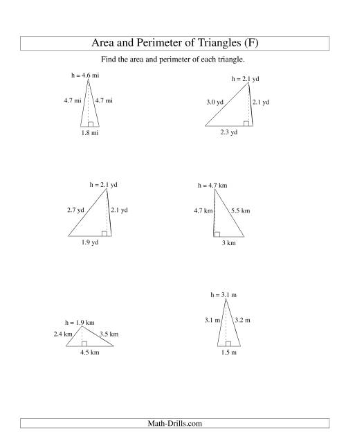 The Area and Perimeter of Triangles (up to 1 decimal place; range 1-5) (F) Math Worksheet