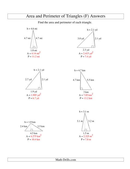The Area and Perimeter of Triangles (up to 1 decimal place; range 1-5) (F) Math Worksheet Page 2