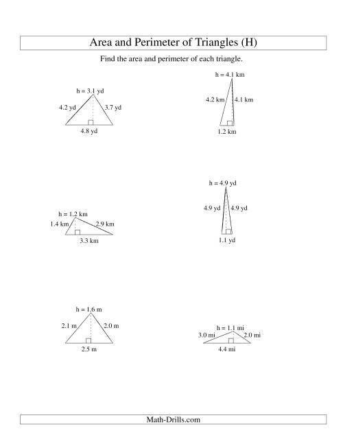 The Area and Perimeter of Triangles (up to 1 decimal place; range 1-5) (H) Math Worksheet