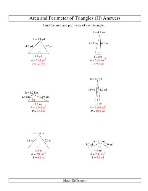 The Area and Perimeter of Triangles (up to 1 decimal place; range 1-5) (H) Math Worksheet Page 2
