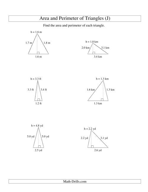 The Area and Perimeter of Triangles (up to 1 decimal place; range 1-5) (J) Math Worksheet