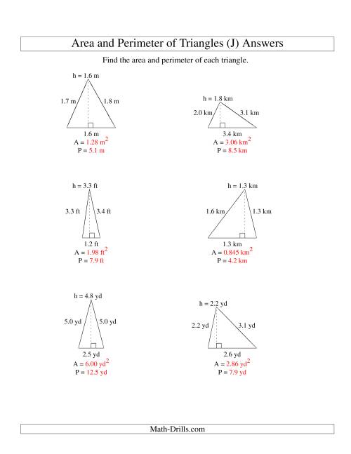 The Area and Perimeter of Triangles (up to 1 decimal place; range 1-5) (J) Math Worksheet Page 2