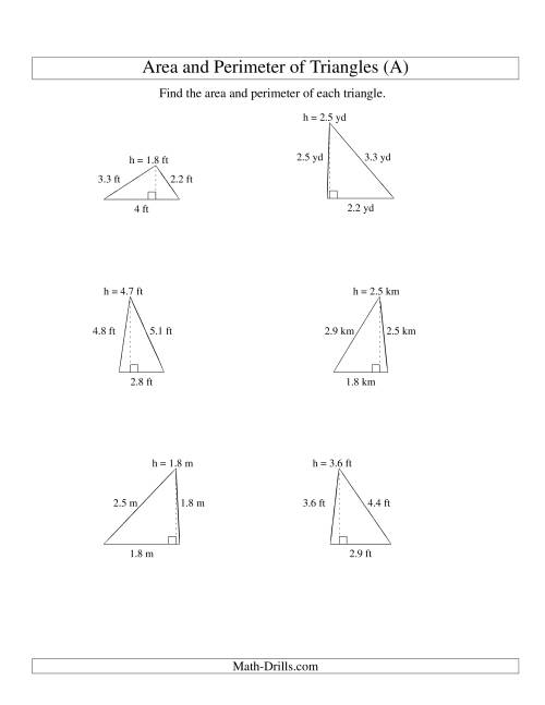 The Area and Perimeter of Triangles (up to 1 decimal place; range 1-5) (All) Math Worksheet