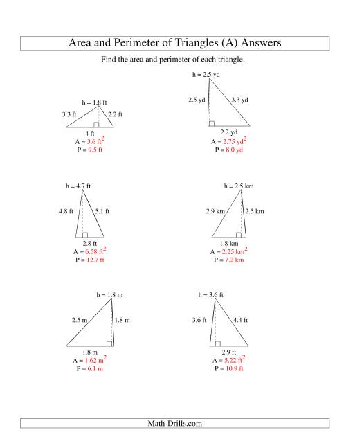 The Area and Perimeter of Triangles (up to 1 decimal place; range 1-5) (All) Math Worksheet Page 2