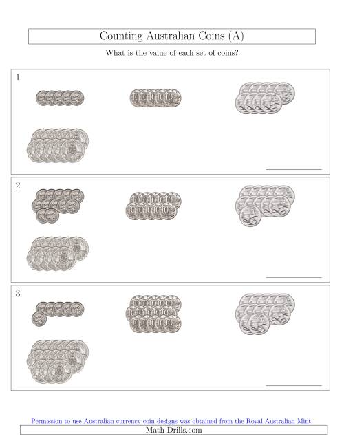 The Counting Australian Coins (No Dollar Coins) Sorted Version (A) Math Worksheet