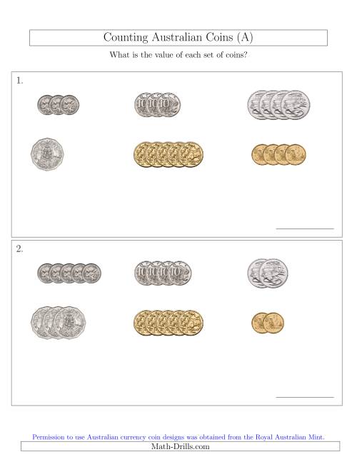 The Counting Small Collections of Australian Coins Sorted Version (A) Math Worksheet