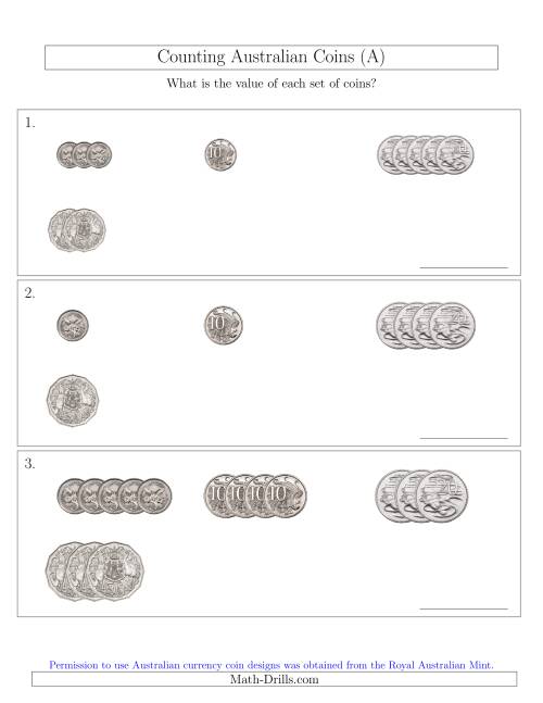The Counting Small Collections of Australian Coins (No Dollar Coins) Sorted Version (A) Math Worksheet
