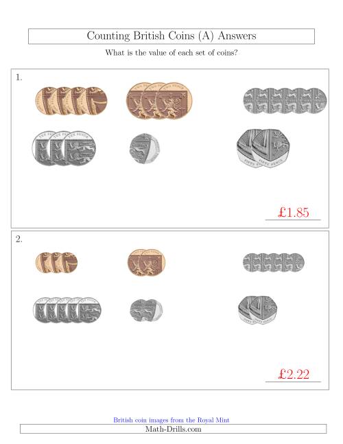 The Counting Small Collections of British Coins (No Pound Coins) (A) Math Worksheet Page 2