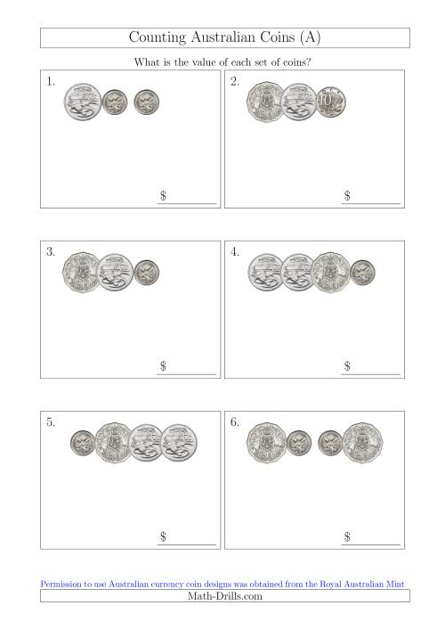 The Counting Small Collections of Australian Coins Without Dollar Coins (A) Math Worksheet