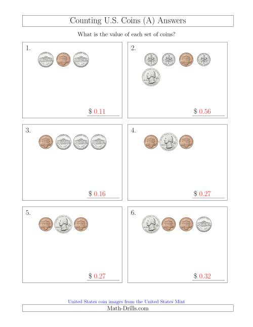The Counting Small Collections of U.S. Coins (A) Math Worksheet Page 2