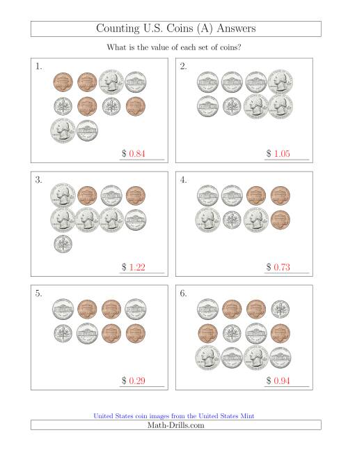 The Counting U.S. Coins (A) Math Worksheet Page 2