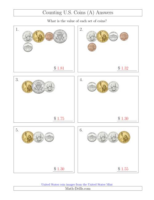 The Counting Small Collections of U.S. Coins Including Half and One Dollar Coins (A) Math Worksheet Page 2