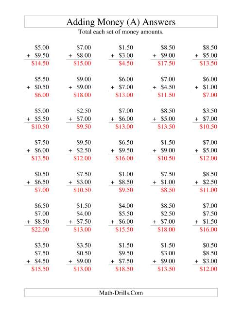 The Adding U.S. Money to $10 -- Increments of 50 Cents (A) Math Worksheet Page 2