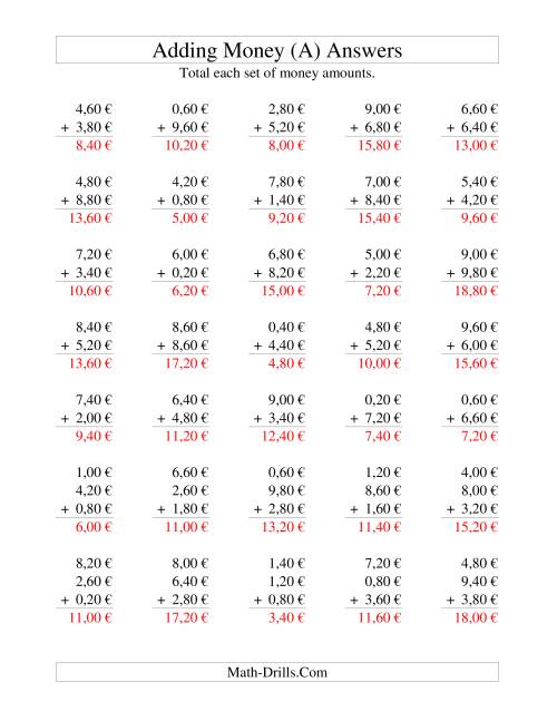 The Adding Euro Money to €10 -- Increments of 20 Euro Cents (A) Math Worksheet Page 2