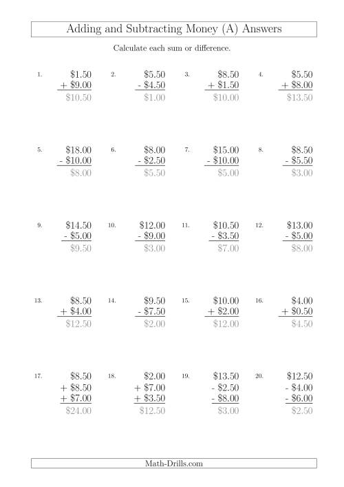 The Adding and Subtracting Australian Dollars with Amounts up to $10 in Increments of 50 Cents (A) Math Worksheet Page 2