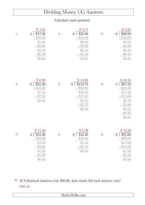 The Dividing Dollar Amounts in Increments of 5 Cents by One-Digit Divisors (A4 Size) (A) Math Worksheet Page 2