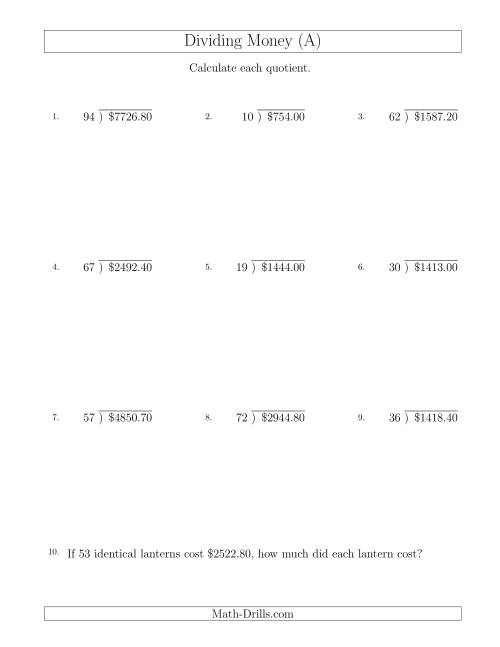 The Dividing Dollar Amounts in Increments of 10 Cents by Two-Digit Divisors (A) Math Worksheet