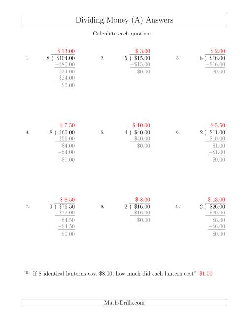 The Dividing Dollar Amounts in Increments of 50 Cents by One-Digit Divisors (A) Math Worksheet Page 2