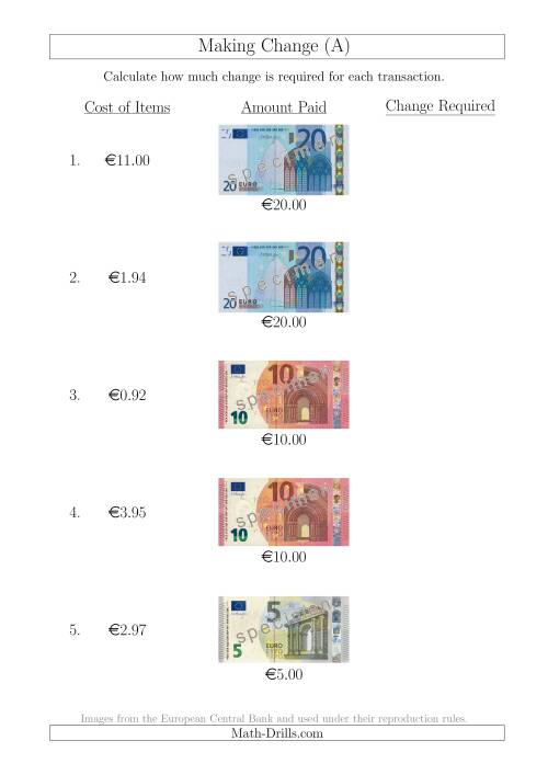 The Making Change from Euro Notes up to €20 (A) Math Worksheet