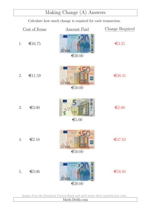 The Making Change from Euro Notes up to €50 (A) Math Worksheet Page 2