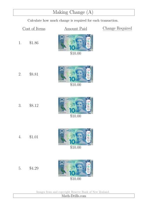 The Making Change from New Zealand $10 Banknotes (A) Math Worksheet