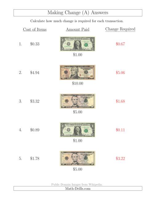 The Making Change from U.S. Bills up to $10 (A) Math Worksheet Page 2
