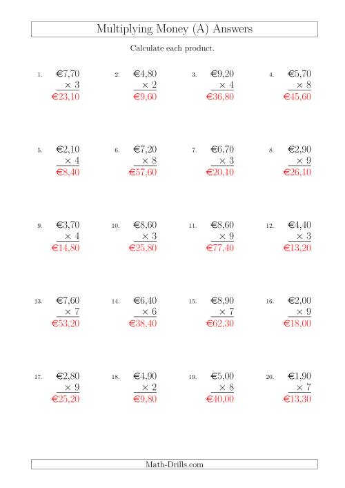 The Multiplying Euro Amounts in Increments of 10 Cents by One-Digit Multipliers (A) Math Worksheet Page 2