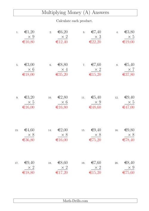 The Multiplying Euro Amounts in Increments of 20 Cents by One-Digit Multipliers (A) Math Worksheet Page 2