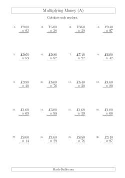 Multiplying Pound Sterling Amounts in Increments of 20 Pence by Two-Digit Multipliers (U.K.)