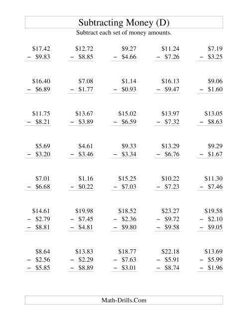 The Subtracting U.S. Money to $10 (D) Math Worksheet