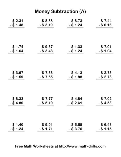 The Subtracting U.S. Money to $10 (Old) Math Worksheet