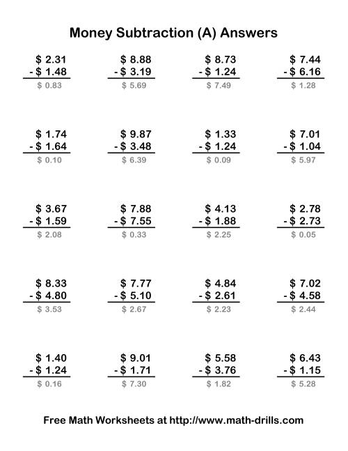 The Subtracting U.S. Money to $10 (Old) Math Worksheet Page 2